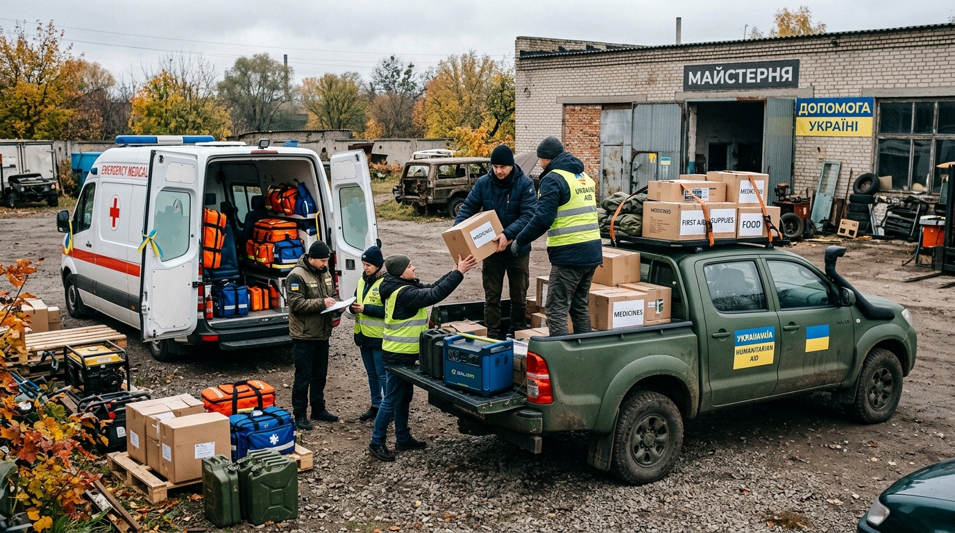 Humanitarian volunteers loading 4x4 pickup truck and medical van with trauma supplies and generators for Ukraine